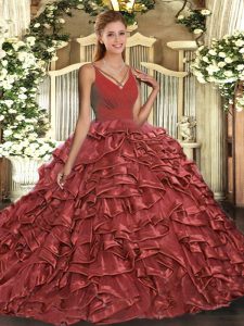  Floor Length Ball Gowns Sleeveless Red Sweet 16 Dress Backless