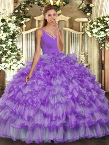 Glamorous Lavender Ball Gowns Organza V-neck Sleeveless Beading and Ruffled Layers Floor Length Backless 15th Birthday Dress