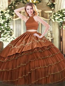  Brown Sleeveless Organza Backless Quinceanera Dress for Military Ball and Sweet 16 and Quinceanera