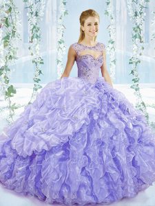 Perfect Lavender Sweetheart Lace Up Beading and Ruffles and Pick Ups Sweet 16 Dresses Brush Train Sleeveless