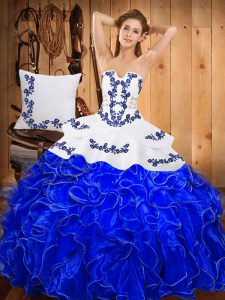 Cheap Strapless Sleeveless Lace Up Sweet 16 Dress Blue And White Satin and Organza