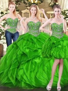 Amazing Green Lace Up Sweetheart Beading and Ruffles 15th Birthday Dress Organza Sleeveless