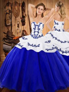  Royal Blue Strapless Neckline Embroidery 15th Birthday Dress Sleeveless Lace Up