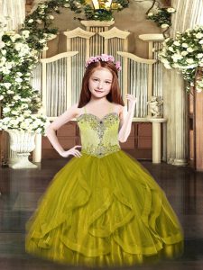  Beading and Ruffles Girls Pageant Dresses Olive Green Lace Up Sleeveless Floor Length