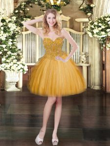 Perfect Gold Ball Gowns Sweetheart Sleeveless Lace Mini Length Lace Up Beading and Ruffles Prom Party Dress