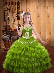 Graceful Floor Length Lace Up Little Girl Pageant Gowns Olive Green for Sweet 16 and Quinceanera with Embroidery and Ruffled Layers