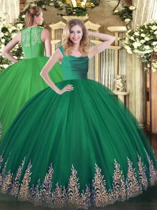 Perfect Straps Sleeveless Vestidos de Quinceanera Floor Length Lace and Appliques Dark Green Tulle