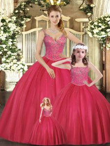  Hot Pink Sleeveless Tulle Lace Up Vestidos de Quinceanera for Military Ball and Sweet 16 and Quinceanera