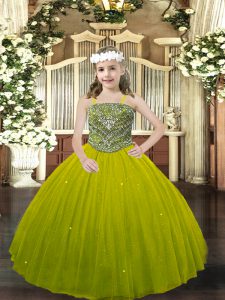  Olive Green Tulle Lace Up Party Dresses Sleeveless Floor Length Beading