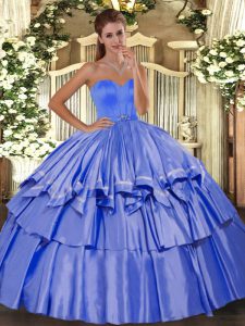 Sweet Floor Length Blue Quinceanera Dress Taffeta Sleeveless Beading and Ruffled Layers