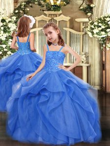 Affordable Blue Ball Gowns Beading and Ruffles Little Girl Pageant Dress Lace Up Organza Sleeveless Floor Length