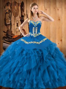 Hot Sale Ball Gowns Quinceanera Gown Blue Sweetheart Satin and Organza Sleeveless Floor Length Lace Up