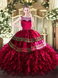 Fashion Coral Red Organza Zipper Quinceanera Dresses Sleeveless Floor Length Beading and Ruffles