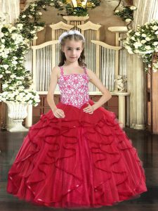 High Class Coral Red Ball Gowns Beading and Ruffles Little Girl Pageant Dress Lace Up Tulle Sleeveless Floor Length