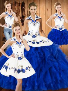 Charming Floor Length Ball Gowns Sleeveless Blue And White Quinceanera Dress Lace Up