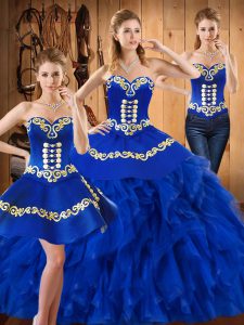  Three Pieces Quinceanera Gowns Blue Sweetheart Satin and Organza Sleeveless Floor Length Lace Up