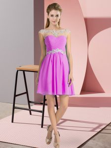 Gorgeous Lilac Chiffon Lace Up Evening Dress Cap Sleeves Mini Length Beading