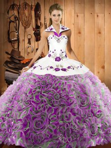 Vintage Multi-color Halter Top Lace Up Embroidery Quinceanera Gown Sweep Train Sleeveless