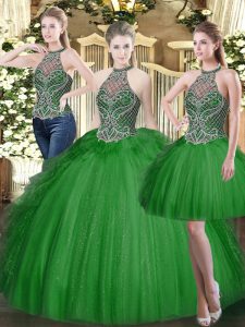 Suitable Beading and Ruffles Ball Gown Prom Dress Dark Green Lace Up Sleeveless Floor Length