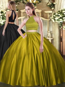 Enchanting Brown Quince Ball Gowns Military Ball and Sweet 16 and Quinceanera with Beading Halter Top Sleeveless Backless