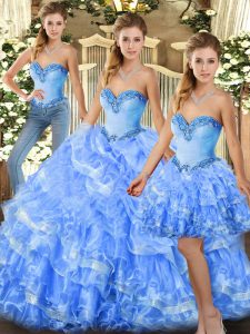 Fancy Light Blue Sleeveless Floor Length Beading and Ruffles Lace Up Sweet 16 Quinceanera Dress