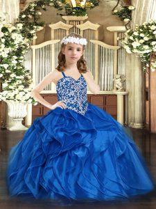 Low Price Straps Sleeveless Little Girl Pageant Gowns Floor Length Beading and Ruffles Blue Organza