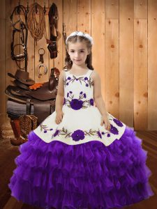 Elegant Eggplant Purple Organza Lace Up Straps Sleeveless Floor Length Custom Made Embroidery and Ruffled Layers