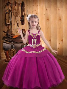  Fuchsia Kids Formal Wear Sweet 16 and Quinceanera with Embroidery and Ruffles Straps Sleeveless Lace Up