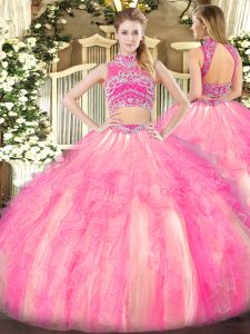  Floor Length Watermelon Red and Rose Pink Quince Ball Gowns Tulle Sleeveless Beading and Ruffles