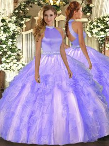 Fashionable Lavender Backless Halter Top Beading and Ruffles 15th Birthday Dress Organza Sleeveless