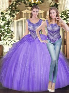 Great Lavender Ball Gowns Scoop Sleeveless Tulle Floor Length Lace Up Beading and Ruffles Quinceanera Gowns