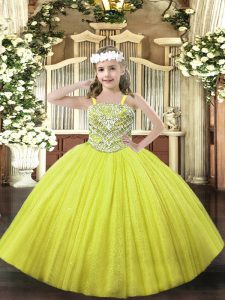 High Class Yellow Ball Gowns Straps Sleeveless Tulle Floor Length Lace Up Beading Little Girls Pageant Gowns