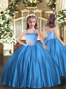 Sweet Baby Blue Satin Lace Up Little Girls Pageant Gowns Sleeveless Floor Length Appliques