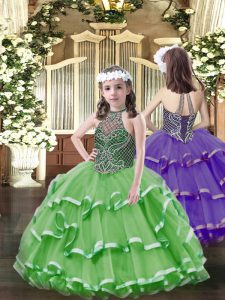 Modern Green Ball Gowns Halter Top Sleeveless Organza Floor Length Lace Up Beading and Ruffled Layers Womens Party Dresses