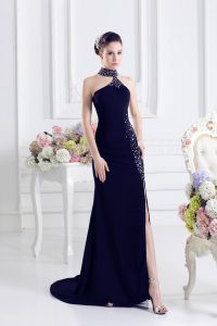 Elegant Navy Blue Lace Up Halter Top Beading Prom Party Dress Elastic Woven Satin Sleeveless Sweep Train