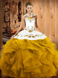 Deluxe Gold Tulle Lace Up Quinceanera Dresses Sleeveless Floor Length Embroidery and Ruffles
