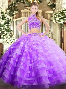 Shining Lavender Tulle Backless 15th Birthday Dress Sleeveless Floor Length Beading and Ruffled Layers
