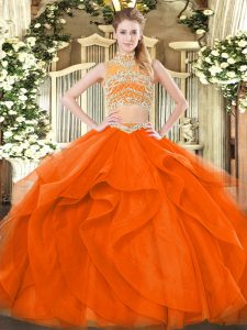  Orange Red 15 Quinceanera Dress Military Ball and Sweet 16 and Quinceanera with Beading and Ruffles High-neck Sleeveless Backless