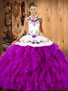  Fuchsia Sleeveless Satin and Organza Lace Up Quinceanera Gown for Military Ball and Sweet 16 and Quinceanera