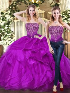 Elegant Purple Organza Lace Up Quince Ball Gowns Sleeveless Floor Length Beading and Ruffles