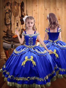 Fantastic Royal Blue Lace Up Off The Shoulder Beading and Embroidery Little Girls Pageant Gowns Satin Sleeveless