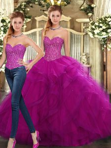 Eye-catching Fuchsia Organza Lace Up Sweetheart Sleeveless Floor Length Quinceanera Gown Beading and Ruffles