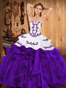 Free and Easy Purple Lace Up Quinceanera Gown Embroidery and Ruffles Sleeveless Floor Length