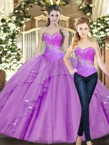  Sleeveless Tulle Floor Length Lace Up Quince Ball Gowns in Lilac with Beading