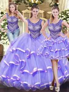 Custom Design Lavender Sleeveless Tulle Lace Up Ball Gown Prom Dress for Military Ball and Sweet 16 and Quinceanera