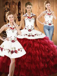  Wine Red Halter Top Neckline Embroidery and Ruffled Layers Vestidos de Quinceanera Sleeveless Lace Up