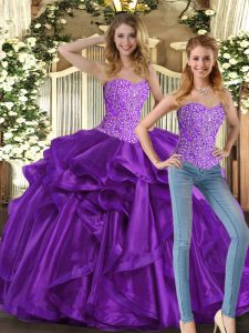 Fabulous Tulle Sweetheart Sleeveless Lace Up Beading and Ruffles Vestidos de Quinceanera in Eggplant Purple