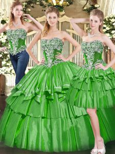  Strapless Sleeveless 15th Birthday Dress Floor Length Beading and Ruffled Layers Green Tulle