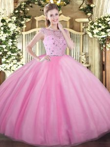  Sleeveless Floor Length Beading Zipper 15th Birthday Dress with Rose Pink 