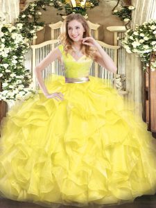 Yellow Ball Gowns V-neck Sleeveless Tulle Floor Length Zipper Beading and Ruffles 15 Quinceanera Dress